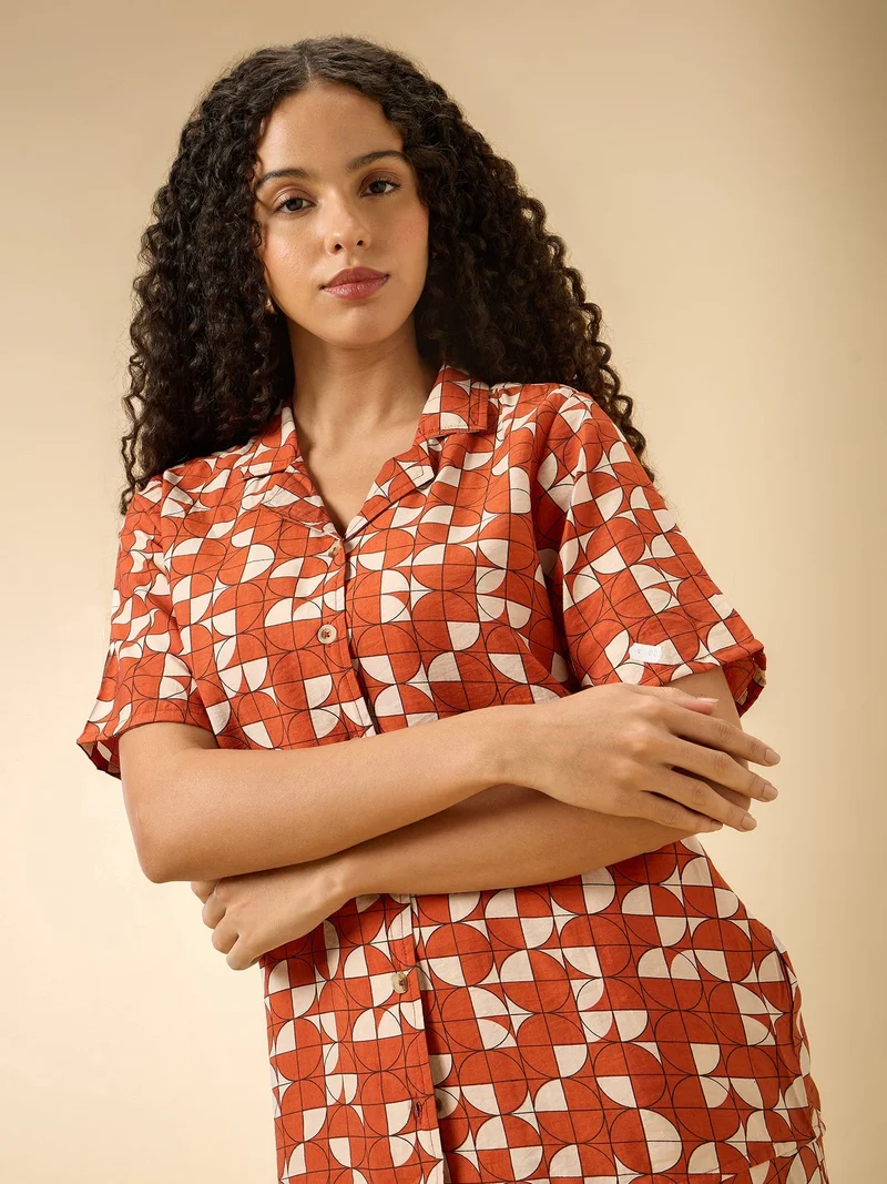 OUTZIDR Brown Rust Abstract Print Top And Pants Co Ord Set for Women | Best Price UAE